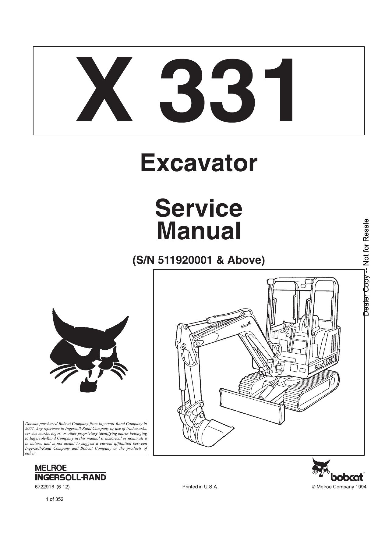X331 Excavator Service Manual Bobcat